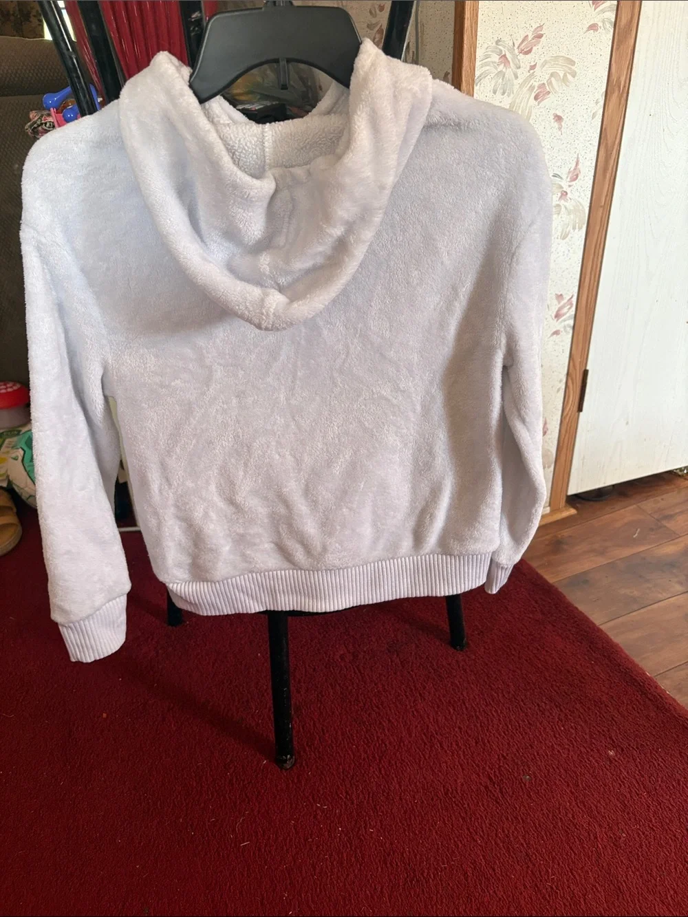 Justice White Plush Hoodie Sweater with Black Script